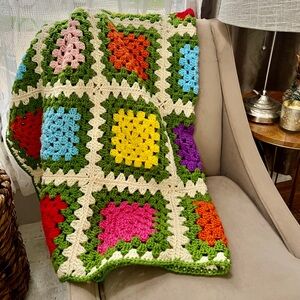 Vintage Handmade Crochet Green Multicolor Granny Square Afghan Throw Blanket